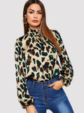 Bishop Sleeve Frill Neck Leopard Blouse