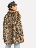 Notch Collar Leopard Faux Fur Coat