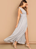 Deep V-neck Ruched Wide Waistband Slit Dress