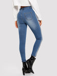 Contrast Tape Side Bleach Wash Skinny Jeans