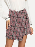 Asymmetric Wrap Frayed Tweed Skirt