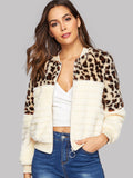 Zip Up Leopard Teddy Bomber Jacket