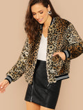 Contrast Striped Zip Up Leopard Jacket