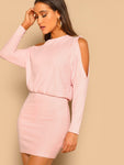 Asymmetric Cold Shoulder Rib Knit Blouson Dress