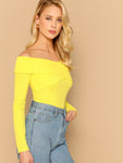 Cross Wrap Off Shoulder Rib-Knit Top