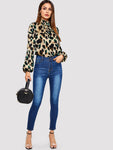 Bishop Sleeve Frill Neck Leopard Blouse