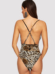 Lace Bodice Crisscross Back Leopard Bodysuit Without Bra