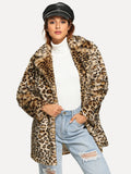 Notch Collar Leopard Faux Fur Coat