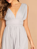 Deep V-neck Ruched Wide Waistband Slit Dress