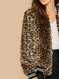 Contrast Striped Zip Up Leopard Jacket