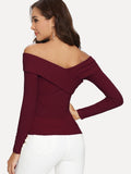 Cross Wrap Front Rib Knit Bardot Tee