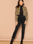 Button Front Raw Hem Leopard Crop Denim Jacket