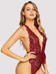 Deep-V Backless Floral Lace Teddy Bodysuit