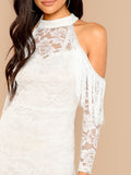 Cold Shoulder Fringe Detail Lace Halter Dress