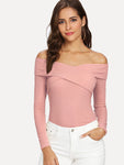 Cross Wrap Front Rib Knit Bardot Tee