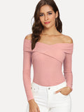 Cross Wrap Front Rib Knit Bardot Tee