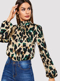 Bishop Sleeve Frill Neck Leopard Blouse