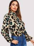 Bishop Sleeve Frill Neck Leopard Blouse