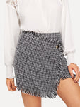 Asymmetric Wrap Frayed Tweed Skirt