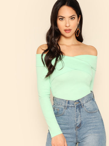 Cross Wrap Off Shoulder Rib-Knit Top