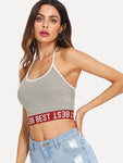 Contrast Letter Hem Halter Crop Top