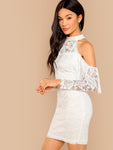 Cold Shoulder Fringe Detail Lace Halter Dress