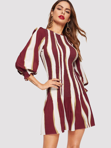 Color Block Bishop Sleeve Smock Dress