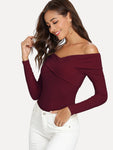 Cross Wrap Front Rib Knit Bardot Tee