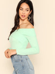 Cross Wrap Off Shoulder Rib-Knit Top