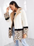 Cut and Sew Leopard Panel Faux Fur Teddy Coat