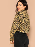 Button Front Raw Hem Leopard Crop Denim Jacket