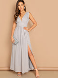 Deep V-neck Ruched Wide Waistband Slit Dress