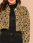 Button Front Raw Hem Leopard Crop Denim Jacket