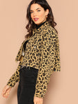 Button Front Raw Hem Leopard Crop Denim Jacket