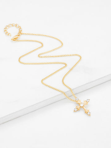 Cross Pendant Chain Necklace With Rhinestone