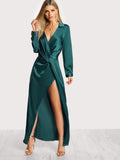 Collared Plunge Neck Twist Satin Dress