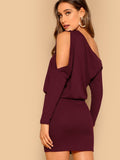 Asymmetric Cold Shoulder Rib Knit Blouson Dress