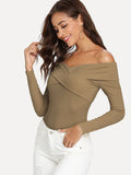 Cross Wrap Off Shoulder Ribbed T-shirt