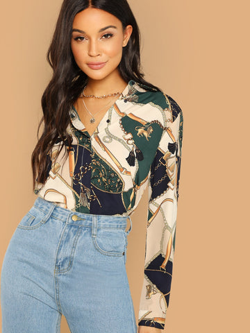 Chain Print Color Block Blouse