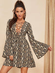 Bell Sleeve Lace Up Snakeskin Dress