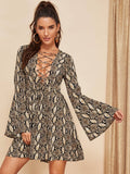 Bell Sleeve Lace Up Snakeskin Dress