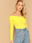 Cross Wrap Off Shoulder Rib-Knit Top