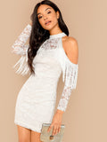 Cold Shoulder Fringe Detail Lace Halter Dress