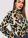 Bishop Sleeve Frill Neck Leopard Blouse