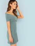 Cross Wrap Front Off Shoulder Rib Dress