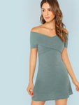 Cross Wrap Front Off Shoulder Rib Dress