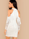 Cold Shoulder Fringe Detail Lace Halter Dress