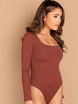 Scoop Neck Rib-knit Form Fitting Bodysuit