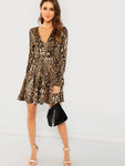 Leopard Print  Flounce Sleeve Fit & Flare Dress