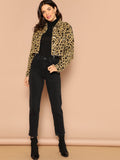 Button Front Raw Hem Leopard Crop Denim Jacket